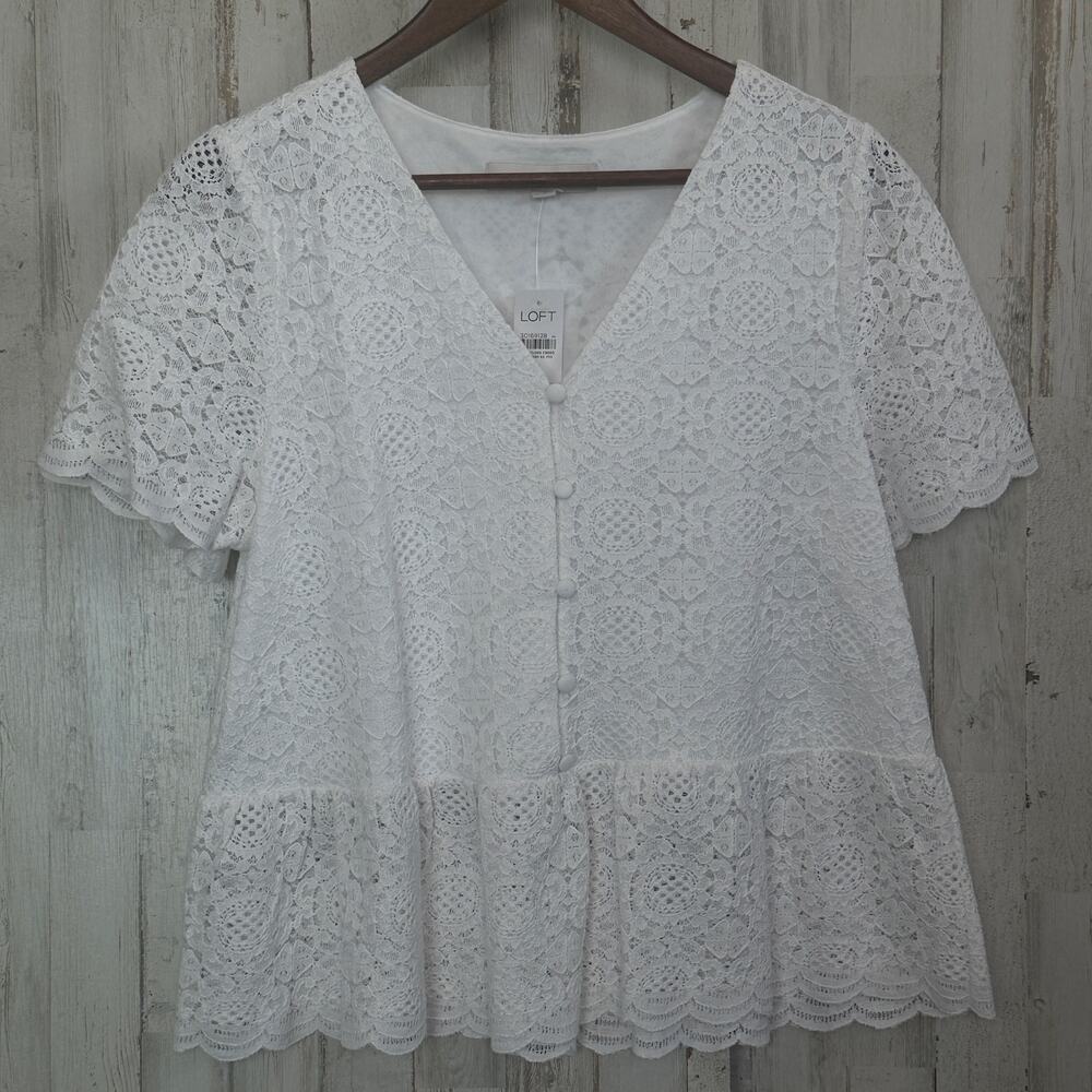 NWT Loft Cotton Blend Lace Peplum Top Medium White Crop Short Sleeve Cottagecore